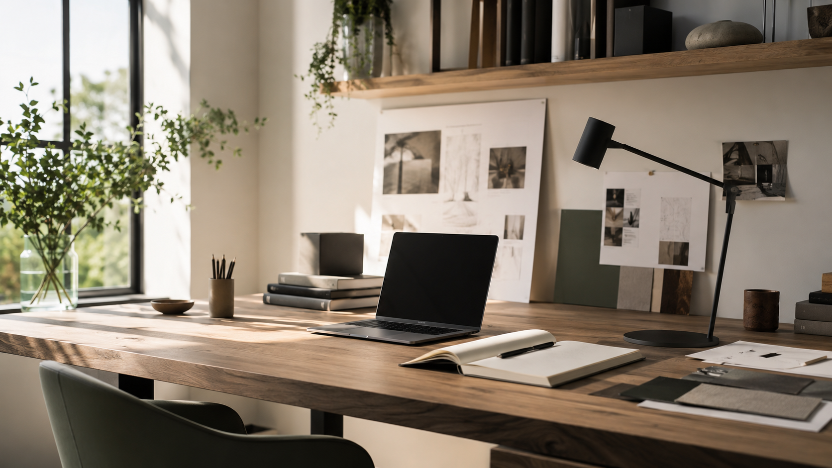 Independent workspace with laptop, notebook and design materials