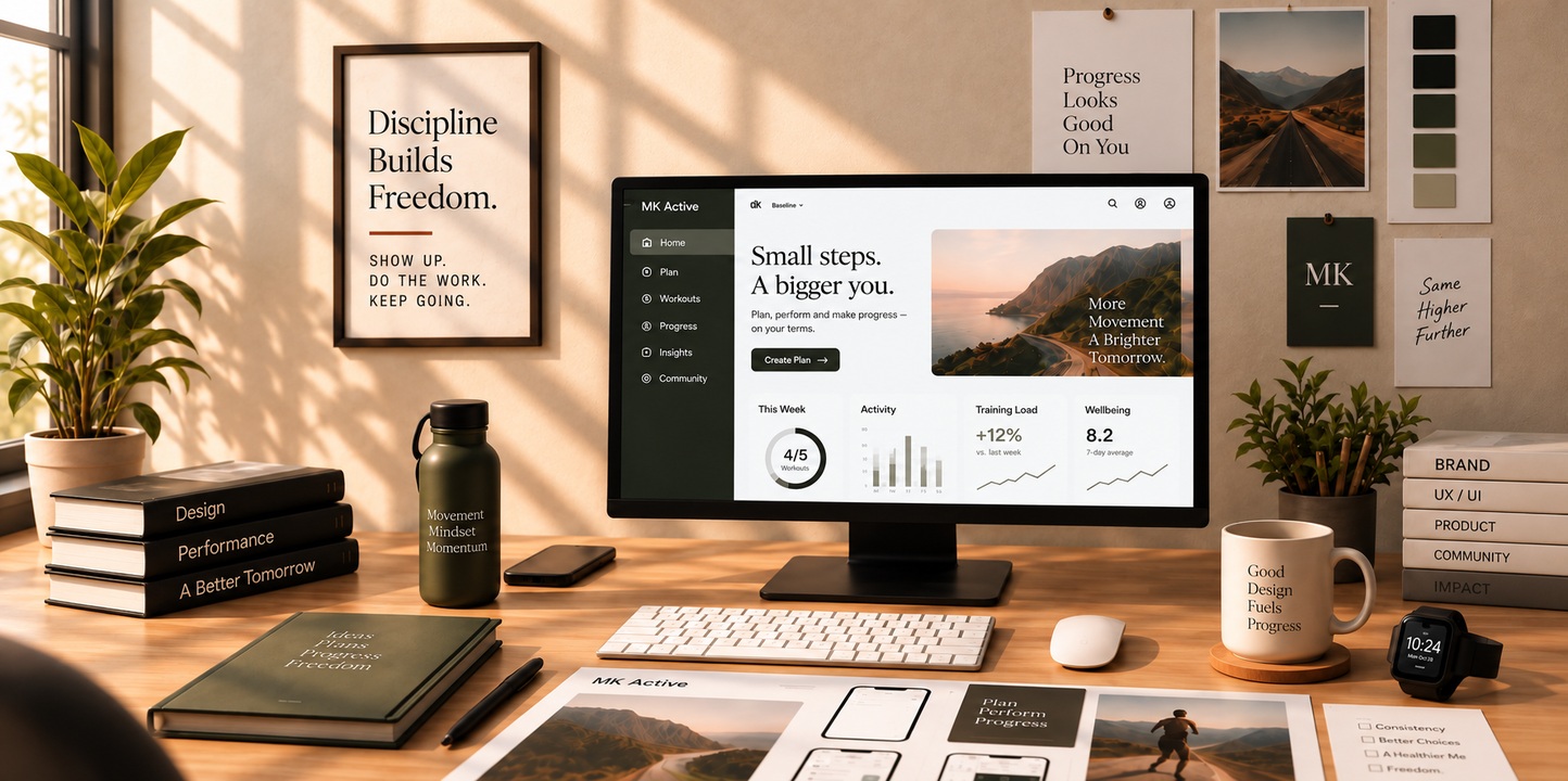 Warm MK Active Digital creative workspace with performance dashboard and planning materials