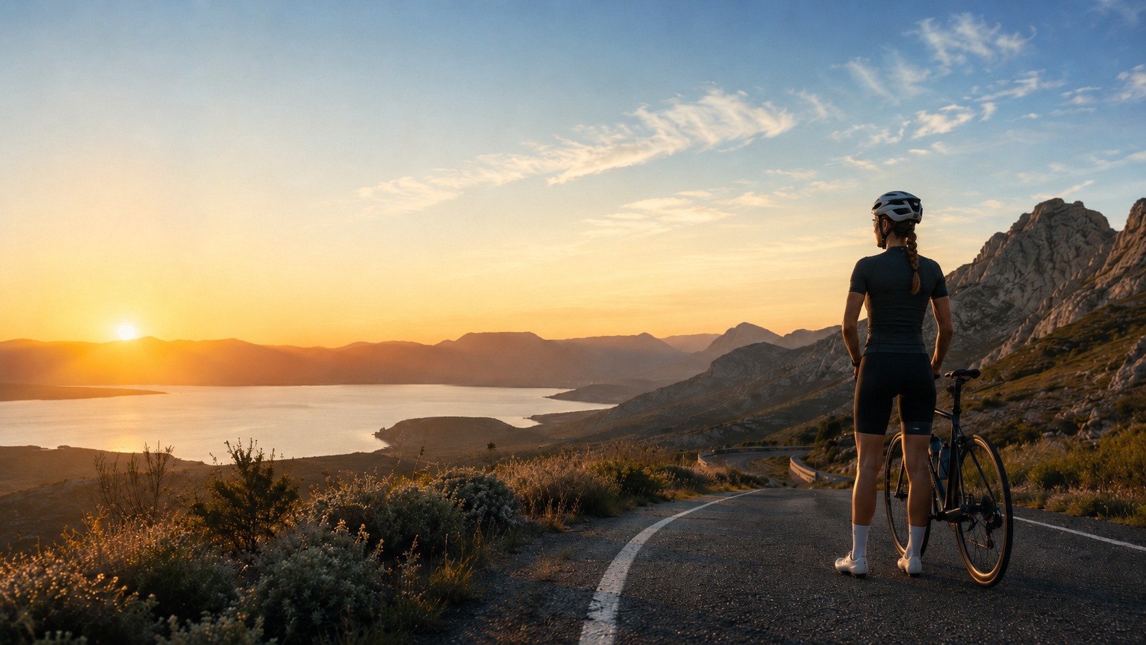 Cyclist in a mountain landscape at sunset